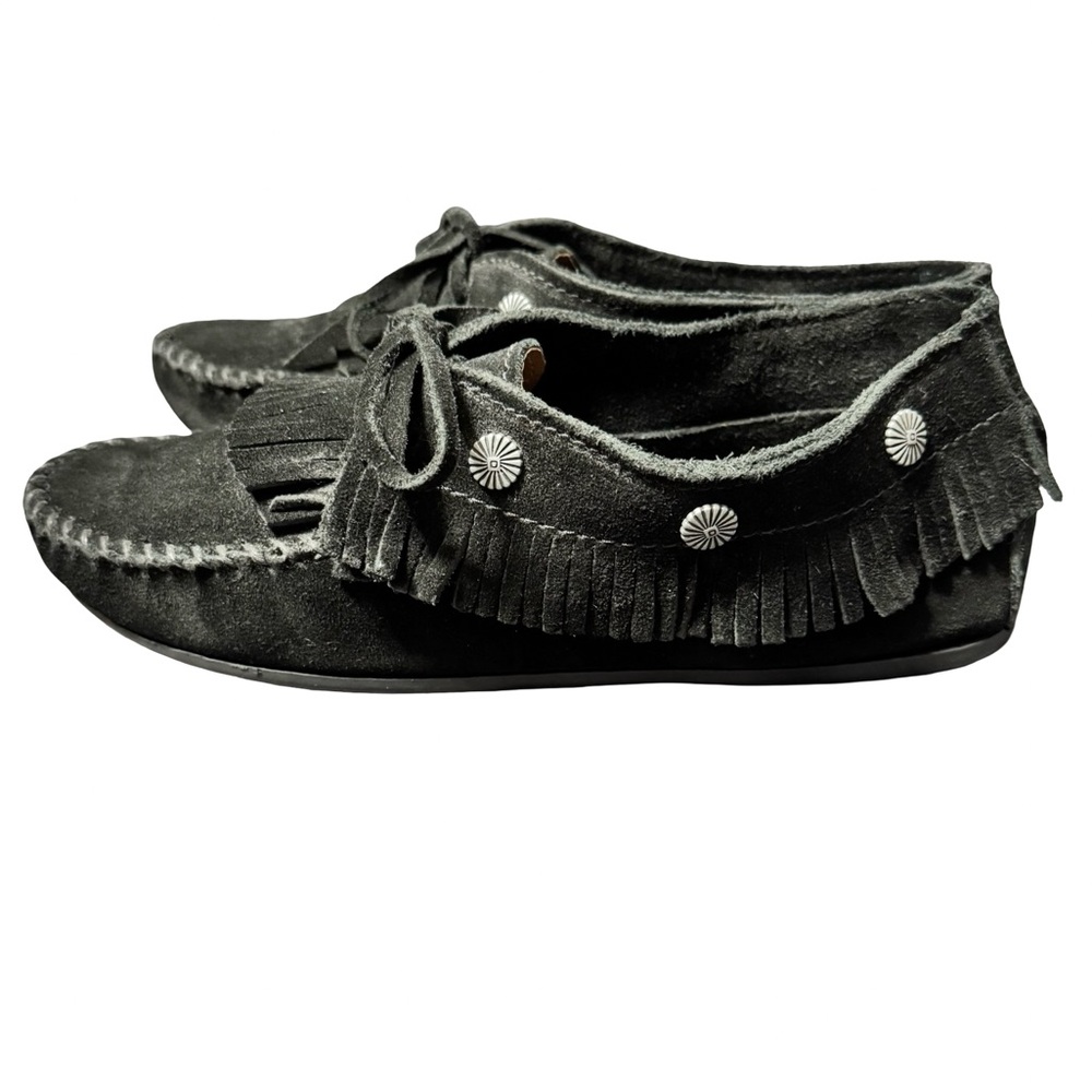 Minnetonka Genuine Suede Leather Black Soft Fringe Concho Moccasins size 8.5 - Picture 5 of 8